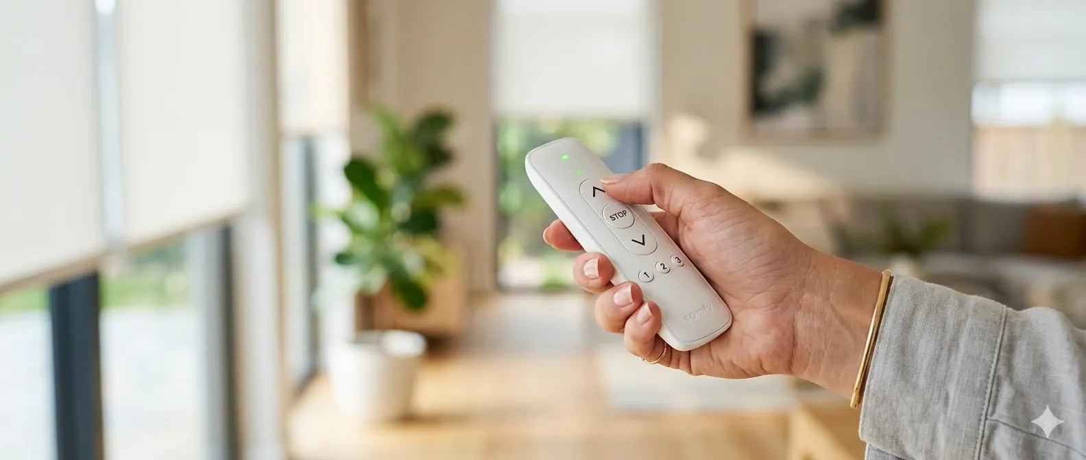 Controle remoto Somfy e Enteco acionando persianas motorizadas em ambiente residencial de alto padrão
