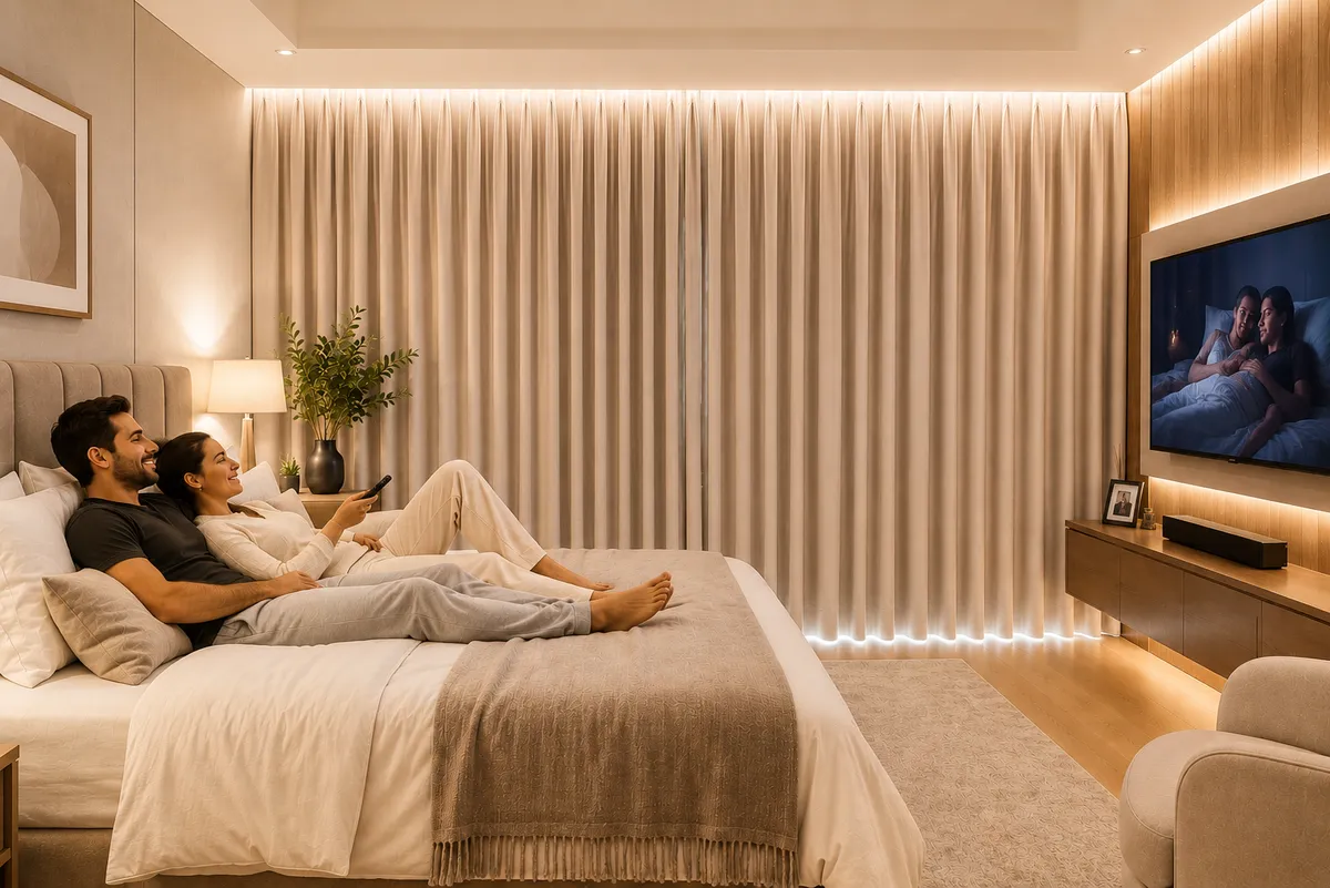 Cortina blackout garantindo privacidade total na sala e no quarto — Porto Real São Paulo