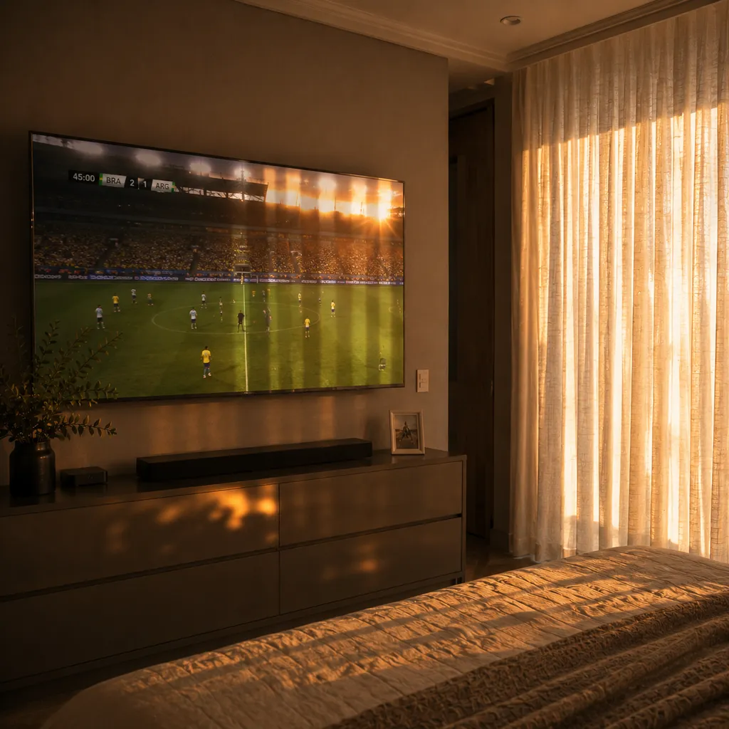 Cortina blackout eliminando o reflexo de luz na TV do quarto — Porto Real