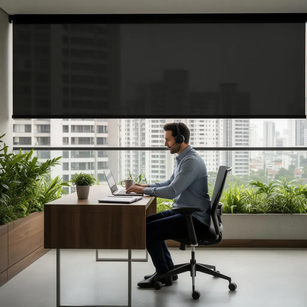 Home office na varanda · rolo 3% para reuniões sem reflexo