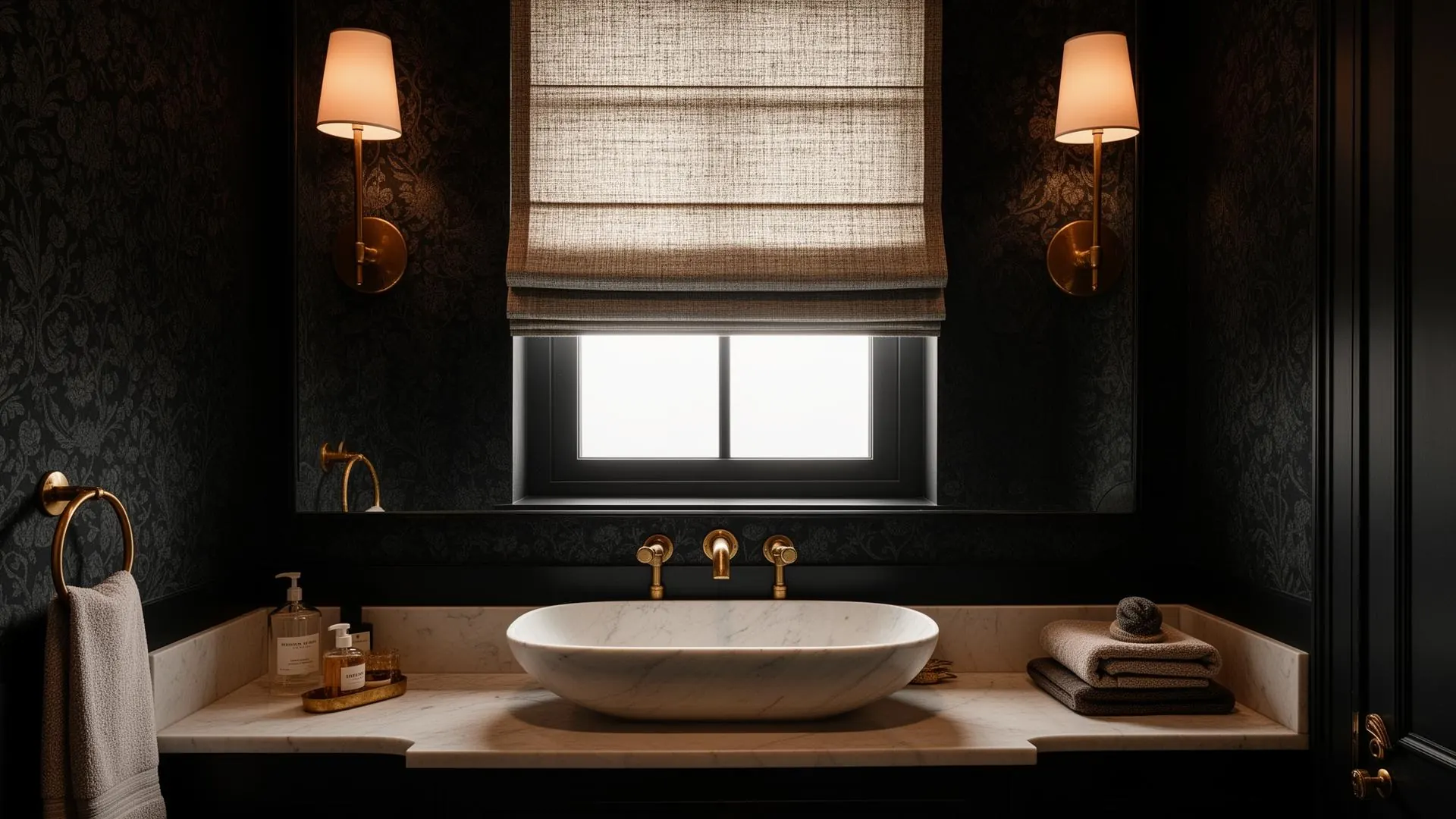 Lavabo autoral · presença têxtil onde a cortina nunca caberia