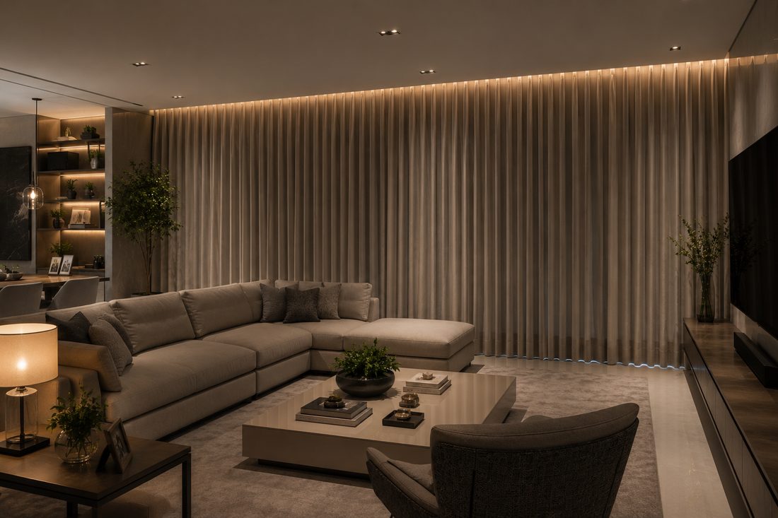 Cortinas Blackout para Sala em ambiente arquitetônico de alto padrão